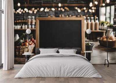 large blank blackboard menu on wooden counter inside a coffee shop or organice grocery store Wall mural