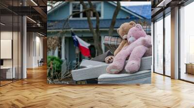 One Week After Hurricane Harvey in Front of destroyed home two teddy bears hold each other Wall mural