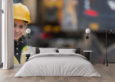 panoramic view of young female architect with construction team Wall mural