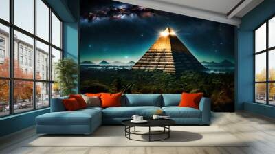 surreal mystical glowing pyramid rising in the tropical jungle under a nebulous sky Wall mural