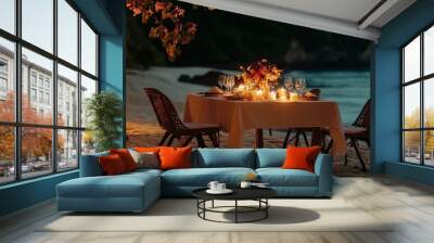 A dinner table for two next to the beach, with candles and flower decoration for lovers Wall mural