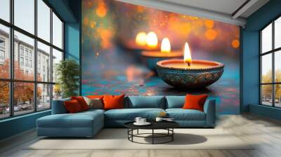 A group of candles that are on a table celebration Diwali with colorfull background and bright ambiente Wall mural