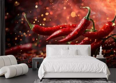 A number of red hot chilli peppers floating in the air on a red background with fire. Wall mural