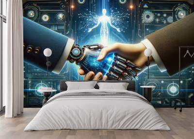 an illustration human hand shaking hands in front of a futuristic background.  Wall mural