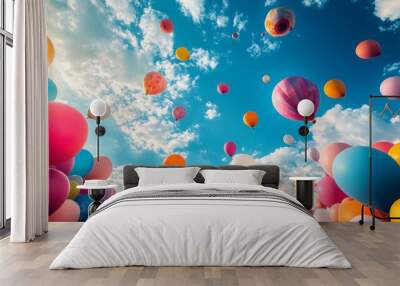 balloons floating upwards in a clear blue sky Wall mural