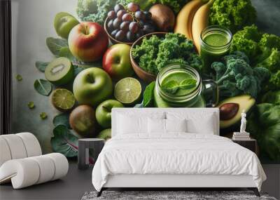 close-up of glass jar mugs filled with green health smoothie Wall mural