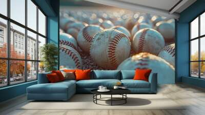 Close-up. Many basetball balls, pattern of used balls on stadium as background Wall mural