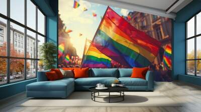 crowd waving rainbow flags at the gay pride parade pride day Wall mural