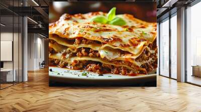 delicious plate of hot multi-layered meat lasagna dripping with cheese. Wall mural