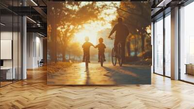 Father teaching his son cycling at park, sunset light Wall mural