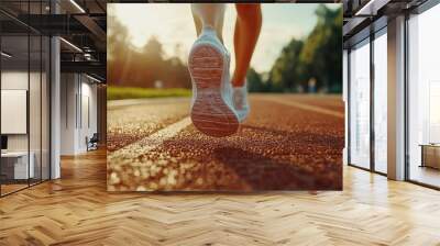 Female athletes running race on the track. sweaty and excited runner Wall mural