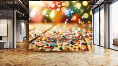 Festive explosion of colorful confetti in mid-air, with a blurred background enhancing the sense of movement and celebration. Wall mural