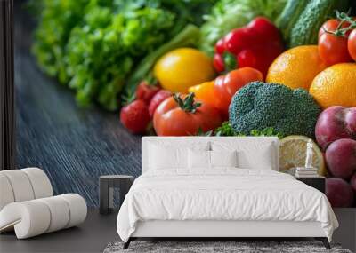 fresh fruits and vegetables arranged in a colorful, balanced layout on a wooden table Wall mural