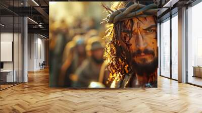 front wide view of Jesus Christ with crown of thorns, Jesus Christ with blood running down his forehead, a warm sun illuminates his face, background of people watching Jesus Christ Wall mural