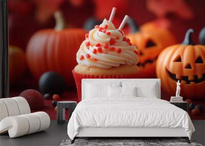 Halloween sweet candy cupcake lollipop, toffee apple, Jack O Lantern bucket on red background Wall mural