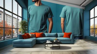 man wears a green t-shirt, front and back, design mock up Wall mural