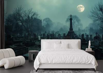 muddy night path in a spooky abandoned cemetery graveyard at night. dark fantasy misty and foggy vast landscape. Wall mural