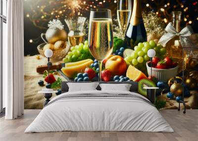 New Year's celebration toast with champagne. The scene should include vibrant and fresh ingredients. Wall mural