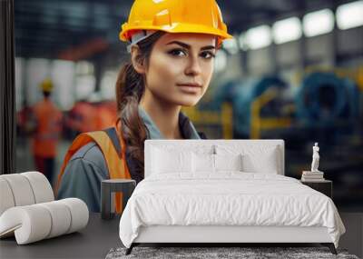 Portrait of engineer woman wearing uniform and safety hard hat on factory station.  Wall mural