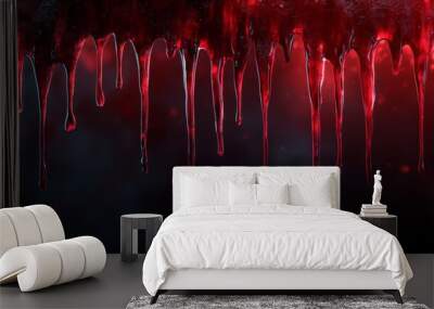 Thick red liquid dripping down from the top of the image, with glossy reflections and a slightly translucent texture. The background is dark and ominous, adding a sense of horror and suspense Wall mural