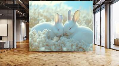 two cute white color bunny imagine herself sleep in the comfy field under blue sky Wall mural