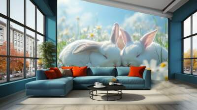 two cute white color bunny imagine herself sleep in the comfy field under blue sky Wall mural