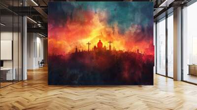 View on the three Crosses on Golgotha from the Holy Sepulchre at sunrise. Digital watercolor painting illustration. Wall mural