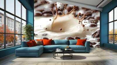 white liquid cream splash with dark roasted coffee beans isolated on white Wall mural