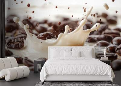 white liquid cream splash with dark roasted coffee beans Wall mural