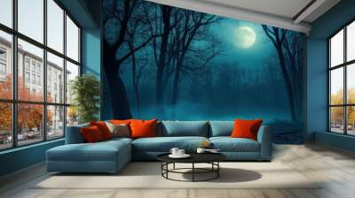 Gloomy foggy mysterious forest under a full moon at night Wall mural