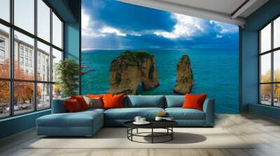 Pigeon rocks in Beirut, Lebanon during a stormy day. Famous landmark and travel destination Wall mural