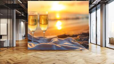 Two glasses of champagne on a cloth at the sandy beach during sunset, with the sun still visible on the horizon, reflecting on the sea Wall mural