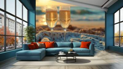 Two glasses of champagne on a cloth at the sandy beach during sunset, with the sun still visible on the horizon, reflecting on the sea Wall mural