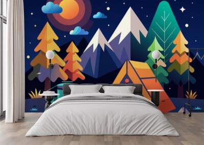 a colorful illustration of a camping tent with mountains and trees in the background. Wall mural