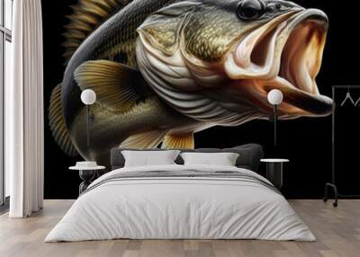 Bass fish isolated on black, Large mouth bass jumping out of the water, Fishing, Largemouth Bass Jumping, hunting Portrait, Bass hunts the bait. Wall mural