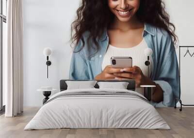 young woman checking social networks on her mobile phone, checking her news feed or messaging, Hispanic Latina woman, woman using smartphone, Lifestyle. Wall mural