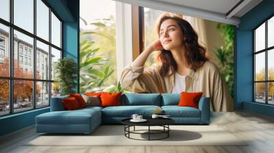 a serene young woman in casual attire, enjoying a peaceful moment while leaning on a balcony railing Wall mural