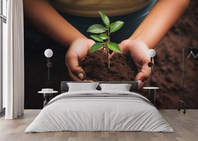 Hands cradle a young plant and soil, symbolizing Earth Day and the nurturing of the environment. Wall mural