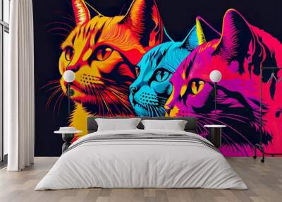 close up pop art portrait, a group of colorful horses, illustration with cat facial Wall mural