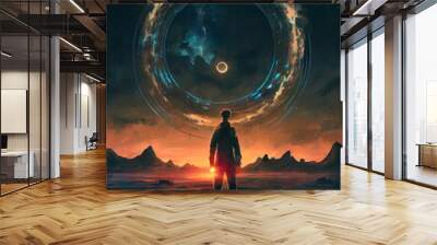 night scene of the man, a person standing in front of a planet, illustration with atmosphere sky Wall mural