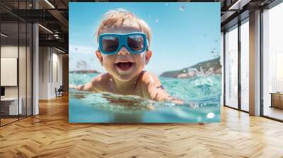 A child in sunglasses swims in the sea. Generative AI. Wall mural