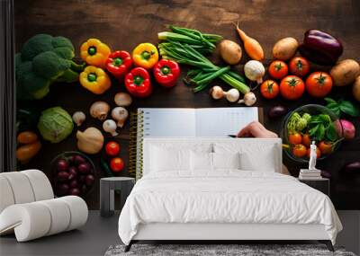 A man writes a meal plan with vegetables. Generative AI. Wall mural