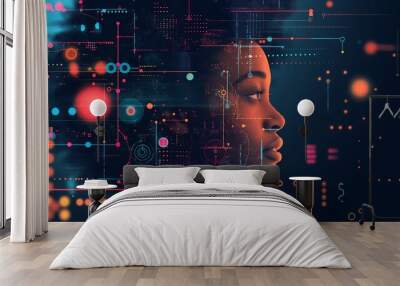 AI cyber security threat illustration, black african american IT specialist, artificial intelligence college Wall mural