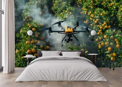 An agricultural drone from above working over orange trees field, Fumigating spreading steam. Wall mural