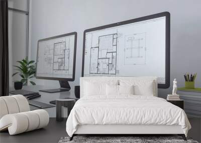 Architectural Design: Computer Setup. two computer screens on a desk Wall mural