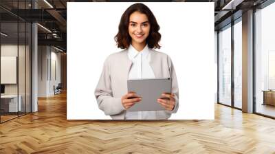 Attractive smiling girl working on a tablet on a transparent background Wall mural