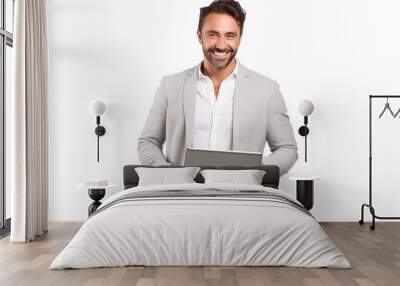 Attractive smiling man working on tablet on transparent background Wall mural