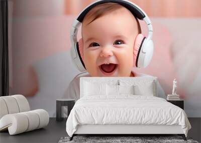 Baby laughs in headphones. Generative AI, Wall mural