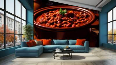 chili beans with meat on a plate. Selective focus. Wall mural