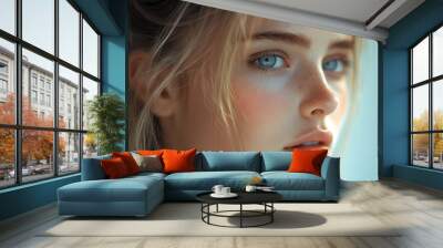 Close-up portrait of an attractive young woman with blonde hair and blue eyes Wall mural